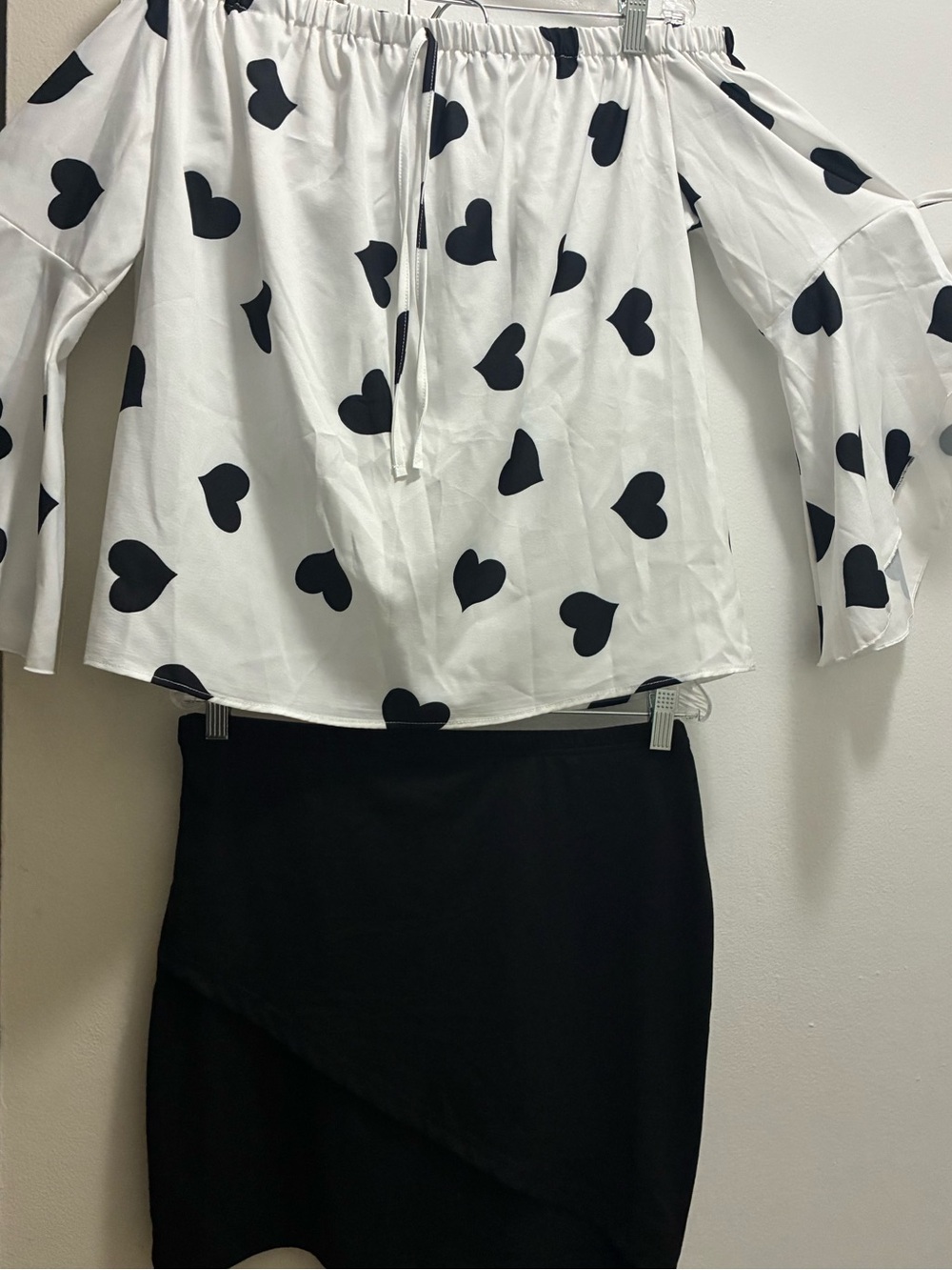 Black Mini Skirt with Heart-Print Top